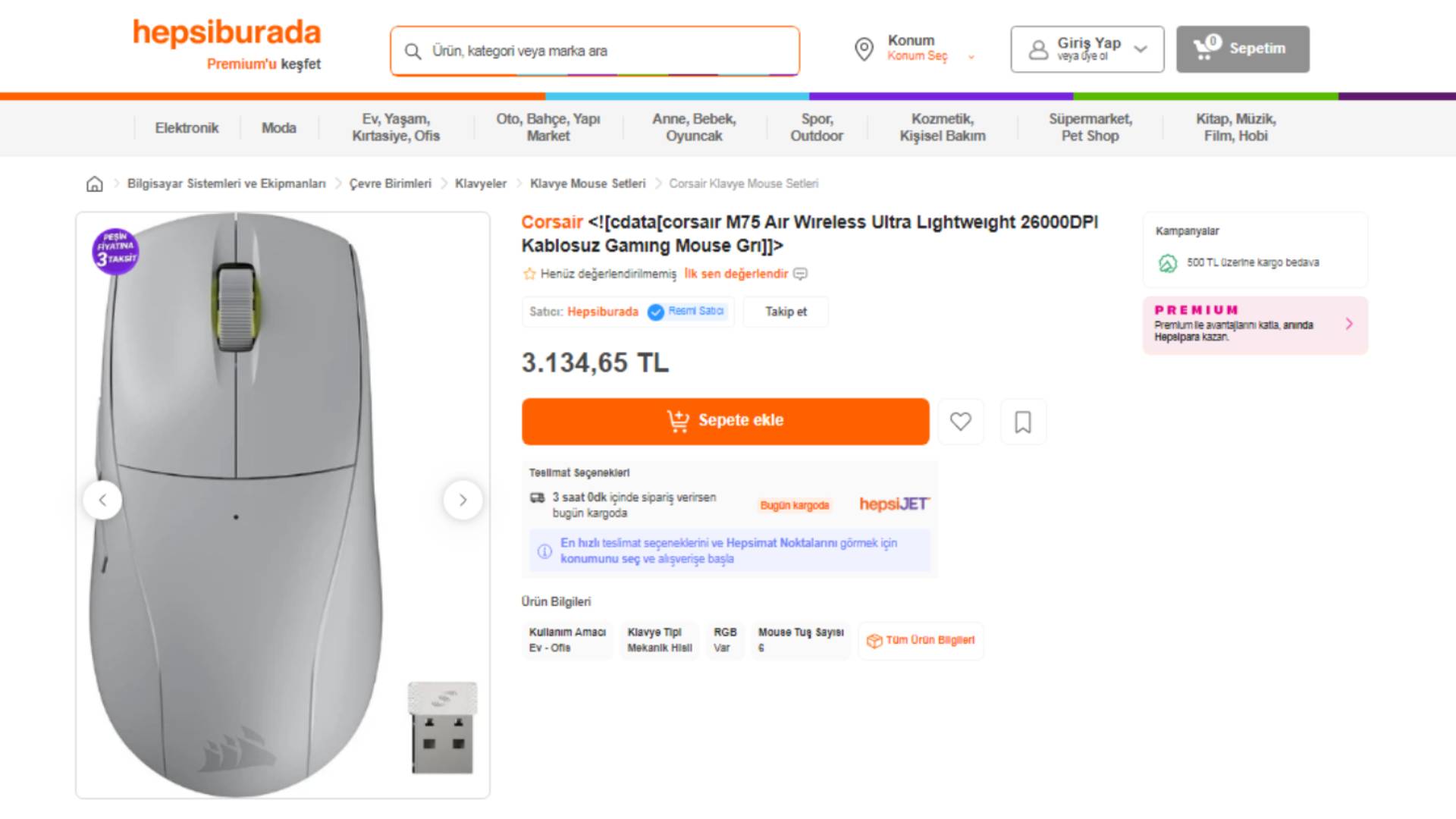 Corsair M75 Air Mouse Fiyatı Hepsiburada