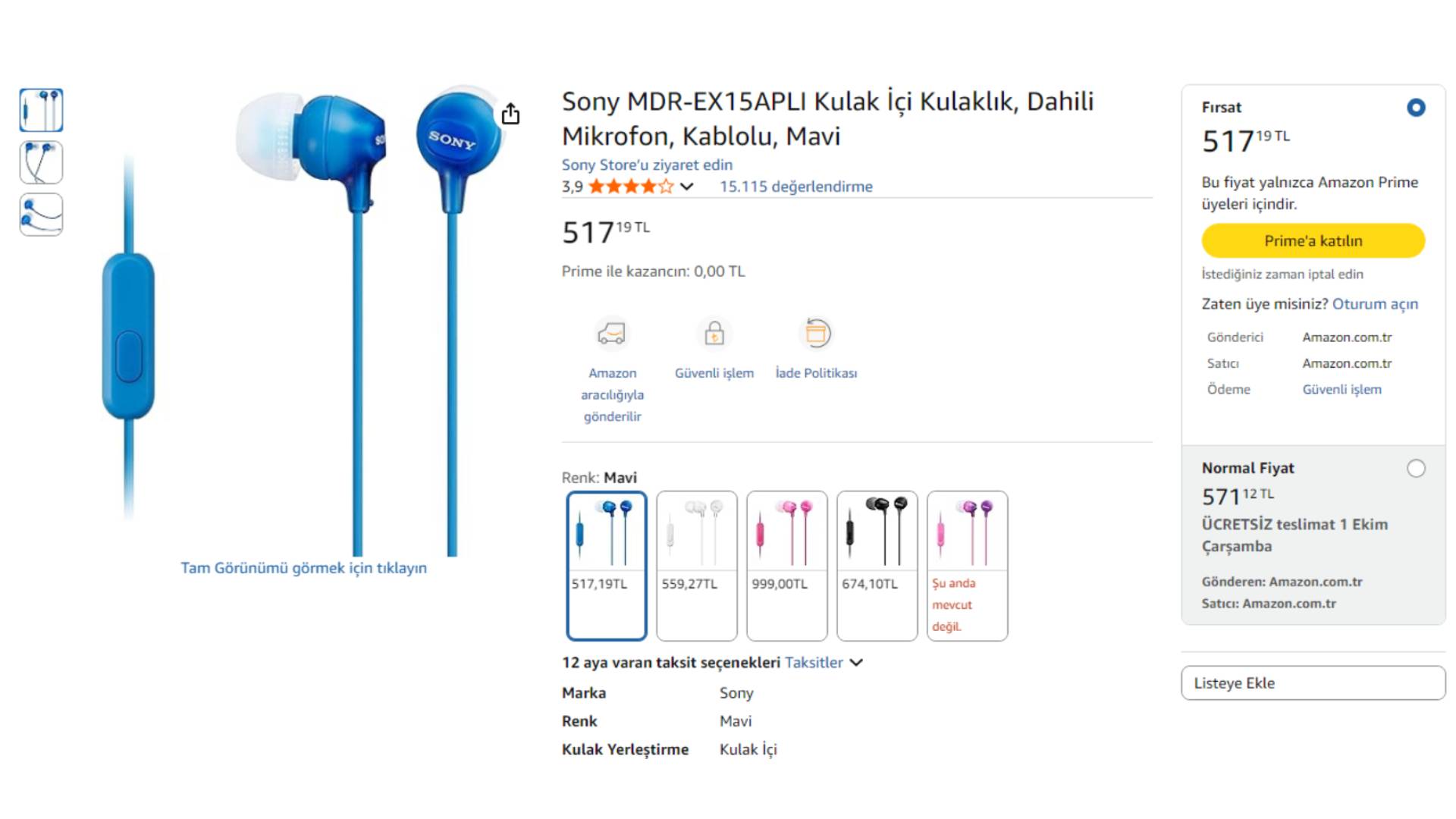 Sony MDR-EX15AP Kablolu Kulaklık Amazon Prime fiyatı