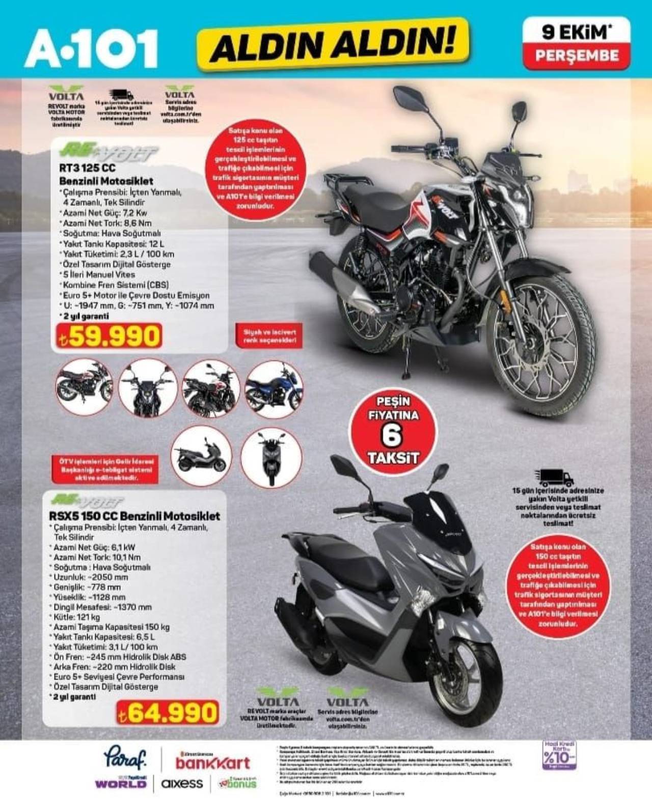 A101 REVOLT RT3 125 CC ve REVOLT RSX5 150 CC fiyatı