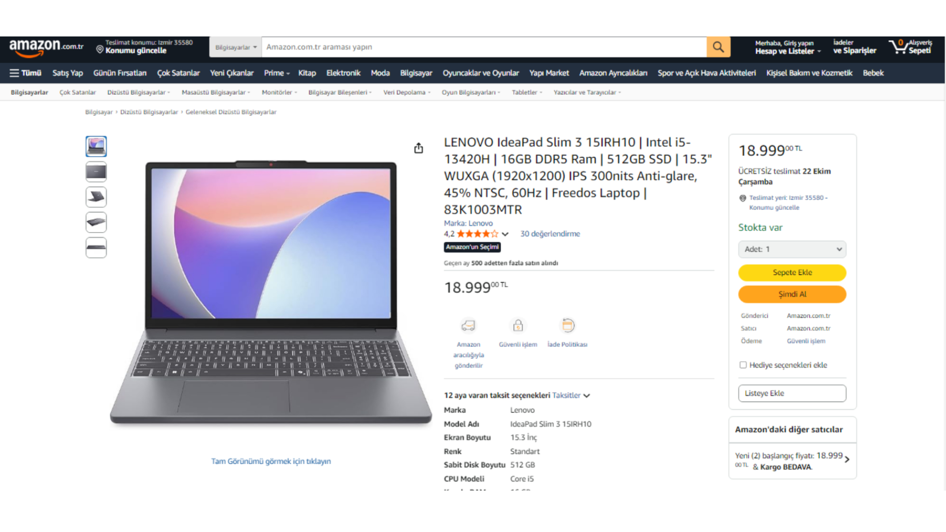 LENOVO IdeaPad Slim 3 15IRH10 Amazon satışı