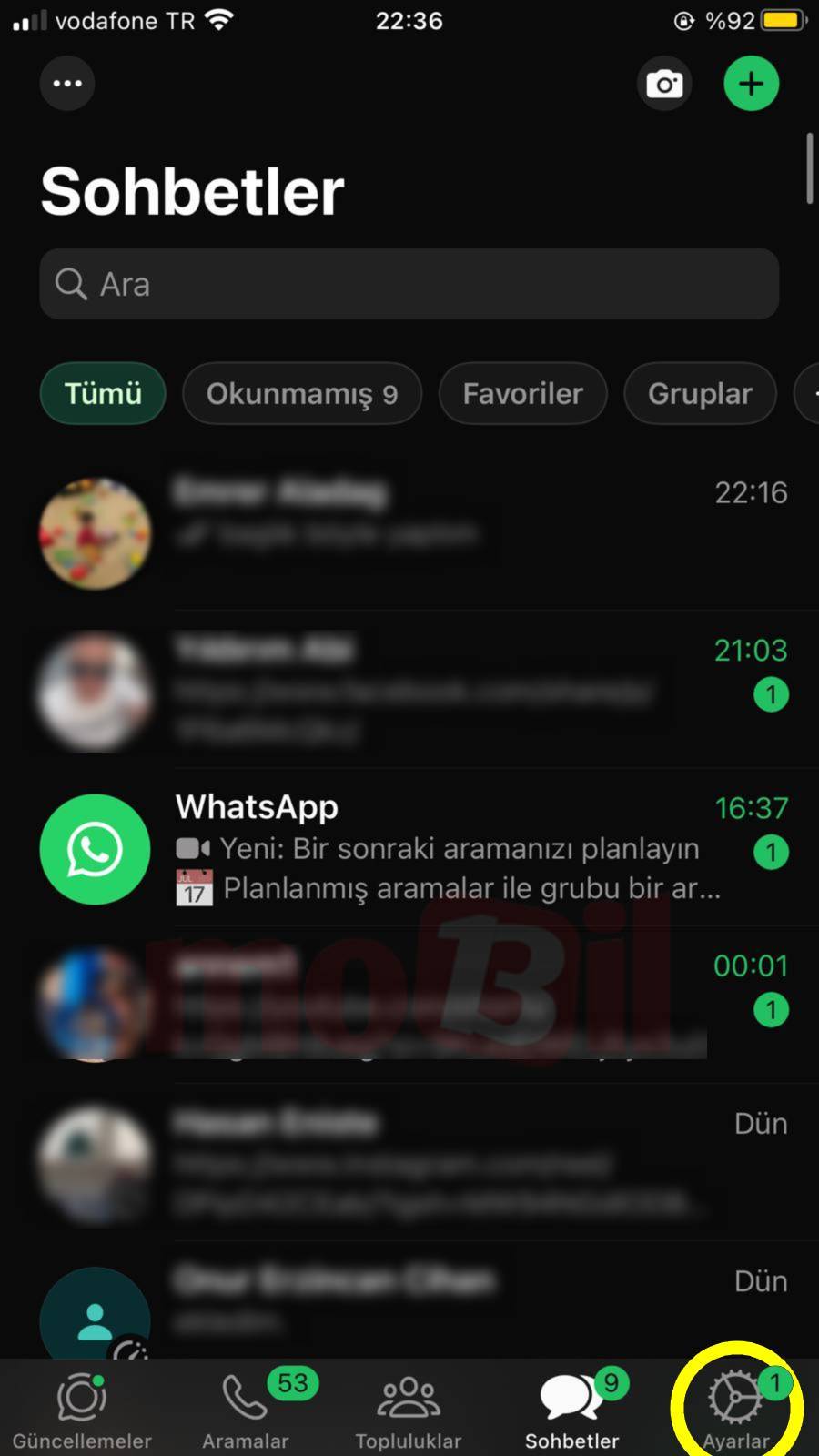 Whatsapp Ayarlar'a Gidin